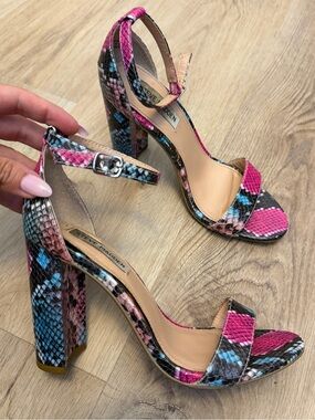 Steve Madden Carrson Pink Blue Multi Snake-Print Block Heel Sandals